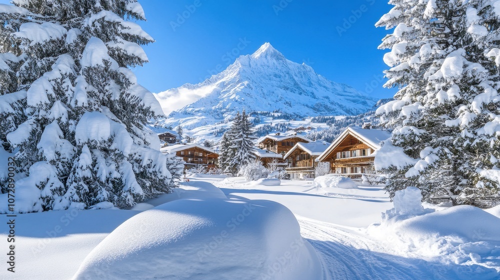 Fototapeta premium Snow-covered village with wooden houses against a mountain backdrop