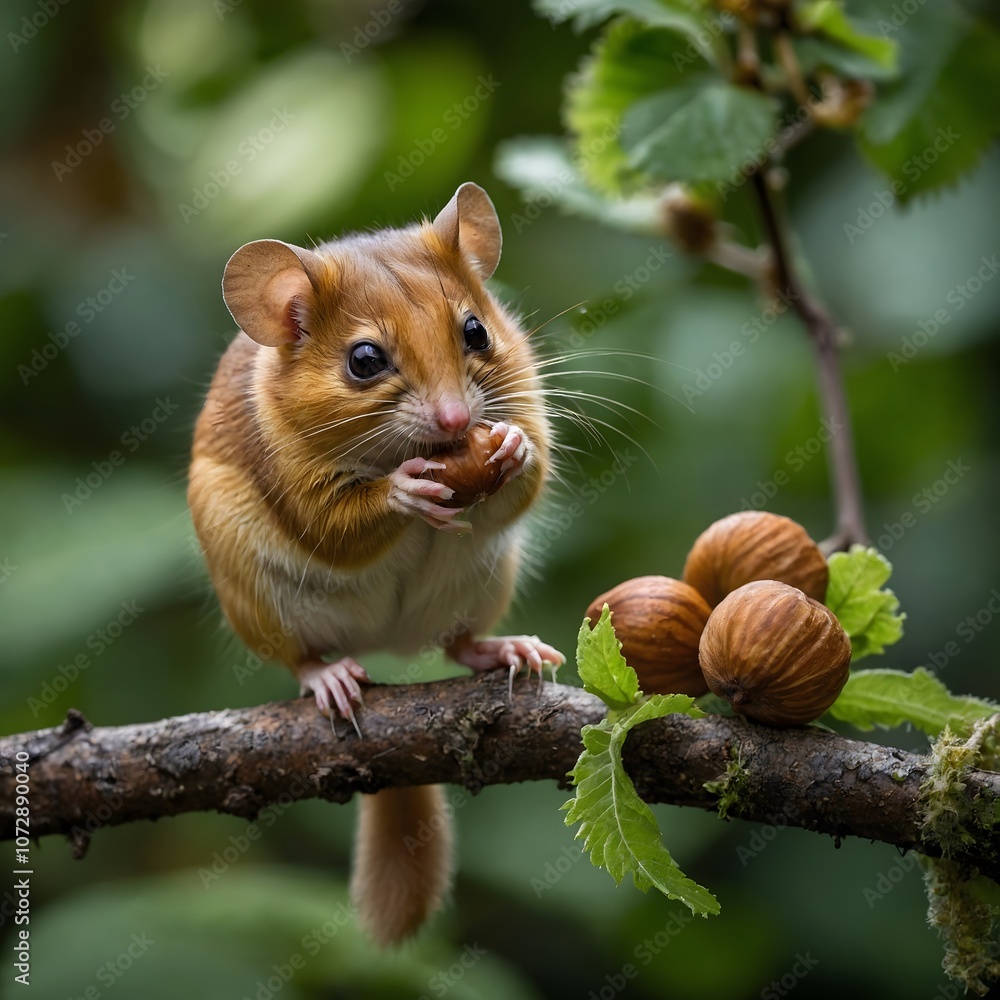 Foliage Feast: A Hazel Dormouse Nibbling on Hazelnuts in the Woods
