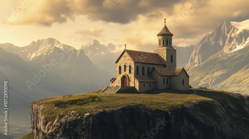 Old stone church atop a cliff with mountain background
