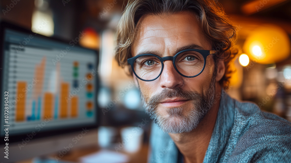data scientist in front of monitor with graphs, columns and data data scientist in front of monitor with graphs, columns and data