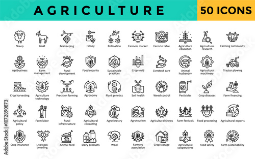 Agriculture icons set with sheep, goat, beekeeping, honey, pollination, farmers market, farm to table, agriculture education, agricultural research, farming community icon. Simple line vector 
