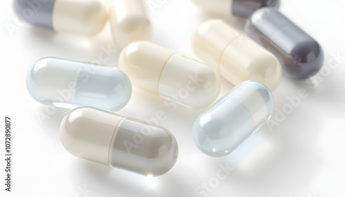 Close up of transparent pills medicine on light background, 3d rendering isolated with white highlights, png