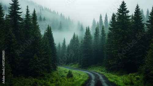 Serene forest road amidst lush green trees.