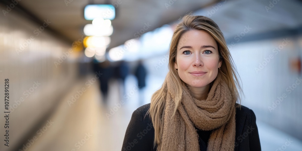 Professional headshot photo of a 35 year old female traveler against subway station background Professional headshot photo of a 35 year old female traveler against subway station background