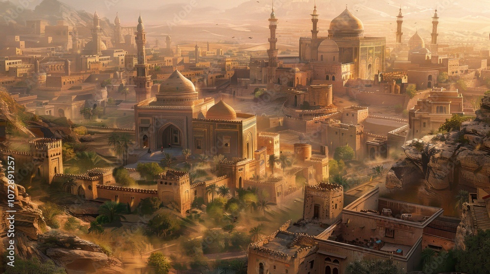 Obraz premium An aerial view of a desert city with ornate architecture and minarets.