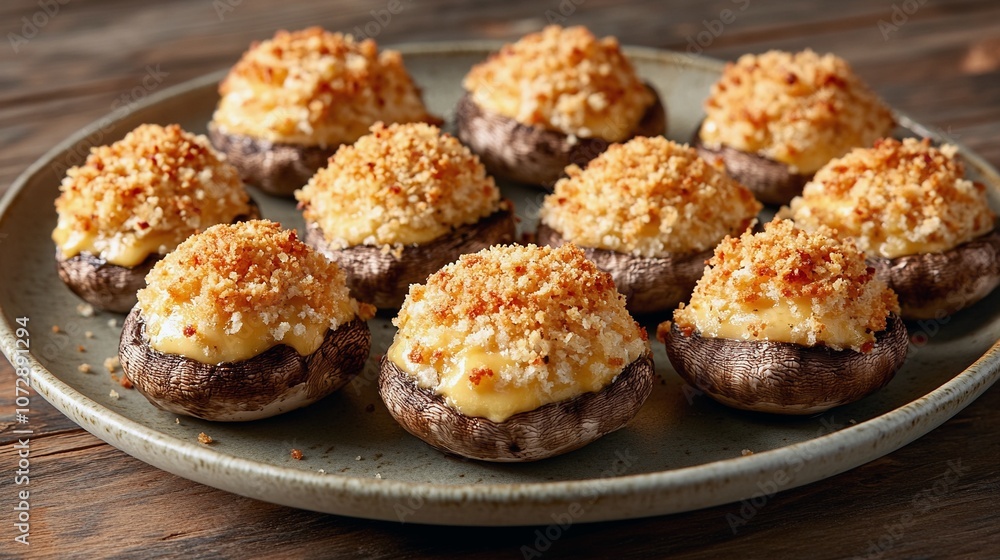 Cheesy Stuffed Mushrooms Recipe with Breadcrumbs on Rustic Table Cheesy Stuffed Mushrooms Recipe with Breadcrumbs on Rustic Table