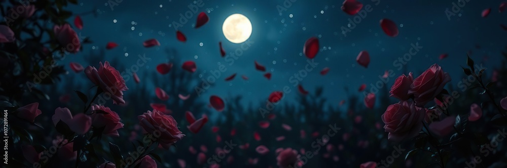? Softly falling rose petals create a romantic haze in a moonlit garden as the night sky twinkles above, botanical garden, peaceful atmosphere ? Softly falling rose petals create a romantic haze in a moonlit garden as the night sky twinkles above, botanical garden, peaceful atmosphere