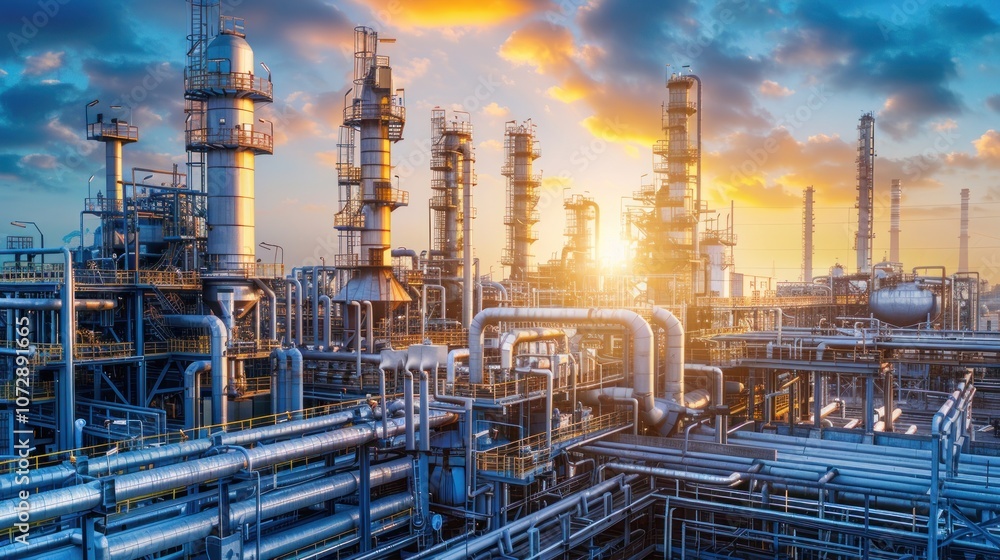An industrial complex at sunset, with tall towers, pipes, and machinery. An industrial complex at sunset, with tall towers, pipes, and machinery.