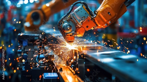 Automated robotic arms installing components in a car assembly line at a modern automotive factory sparks flying as metal parts are welded together photo