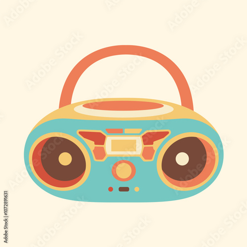 Retro boombox vector illustration in vibrant colors, featuring a playful design with rounded speakers and buttons. Perfect for vintage, music, or retro-themed projects.