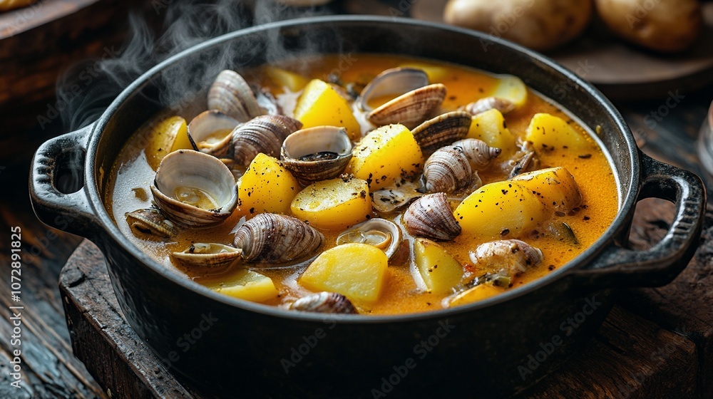 Delicious Clam Chowder Recipe with Potatoes in a Rustic Kitchen Delicious Clam Chowder Recipe with Potatoes in a Rustic Kitchen