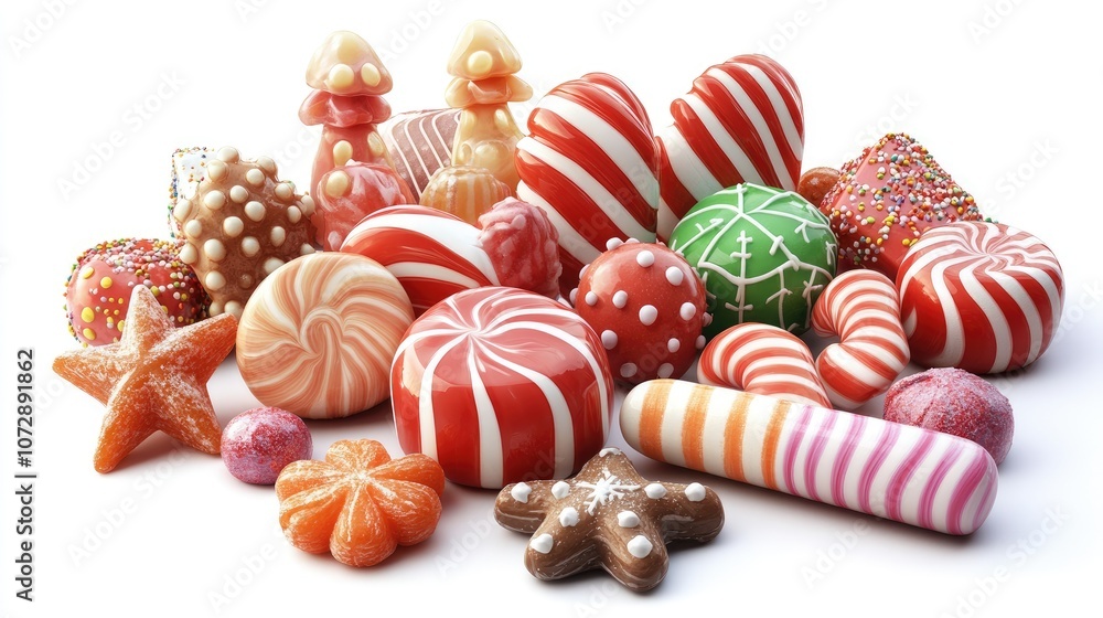 Collection of Christmas with assorted candy, vibrant hues, 3D isolated on white background Collection of Christmas with assorted candy, vibrant hues, 3D isolated on white background
