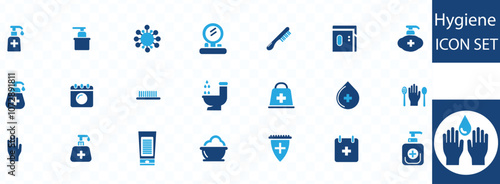 Hygiene icon set. Containing cleaning, disinfection, soap, bathing, sweep, shower, washing hands, clean and sanitation icons. Cleanliness concept