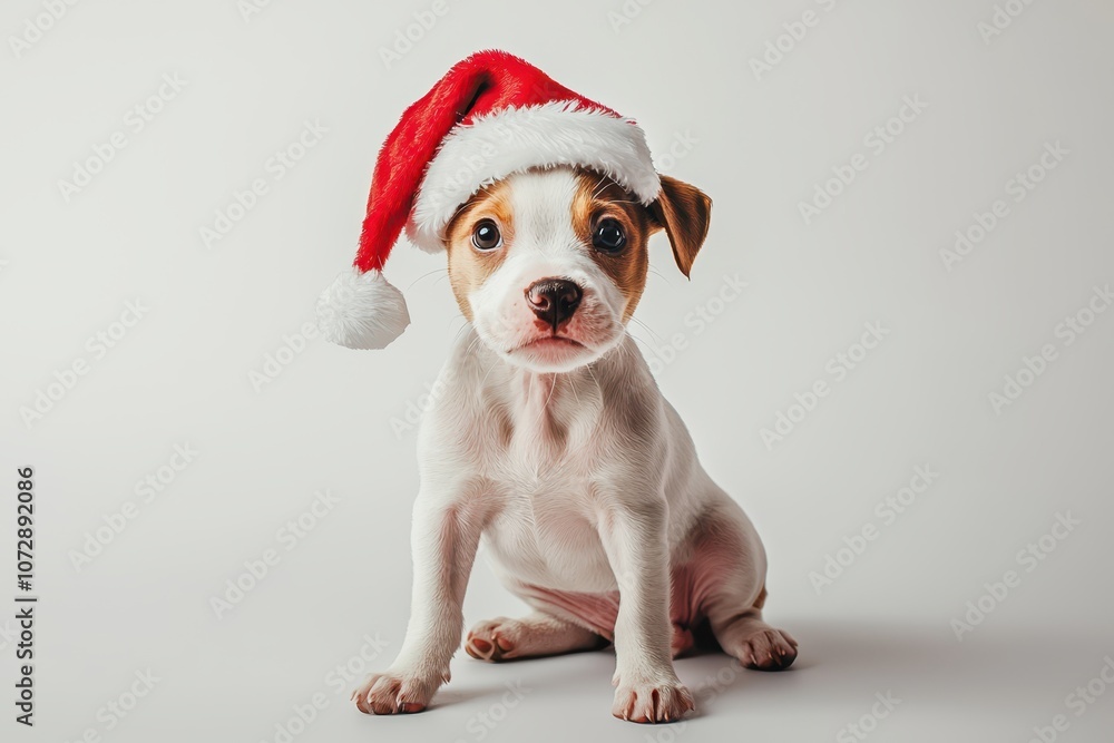 A playful puppy wearing a Santa hat sits adorably on a white background, creating a festive and cute holiday scene full of joy and cheer.. A playful puppy wearing a Santa hat sits adorably on a white background, creating a festive and cute holiday scene full of joy and cheer..