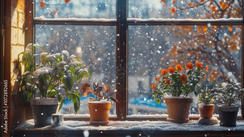 Rustic house window with a snowy outdoor view, plants and flowers inside, soft cozy sunlight