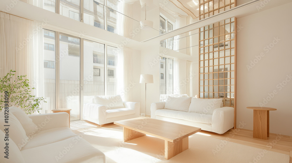 Bright and airy living room featuring white sofas, wooden coffee table, and large windows. space is enhanced by natural light and minimalist design, creating serene atmosphere Bright and airy living room featuring white sofas, wooden coffee table, and large windows. space is enhanced by natural light and minimalist design, creating serene atmosphere