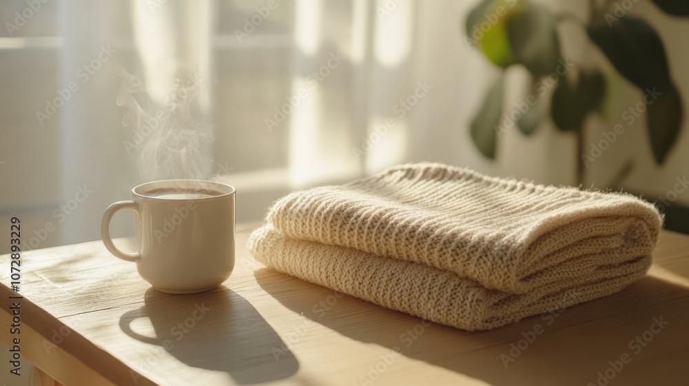 Cozy setup with a beige sweater and coffee cup on a wooden table, soft sunlight, and text space Cozy setup with a beige sweater and coffee cup on a wooden table, soft sunlight, and text space