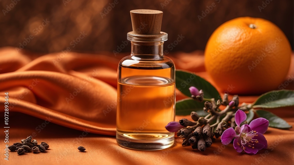 Aesthetic bottle of essential oil on a orange silk background. Frankincense on the side. Aesthetic bottle of essential oil on a orange silk background. Frankincense on the side.