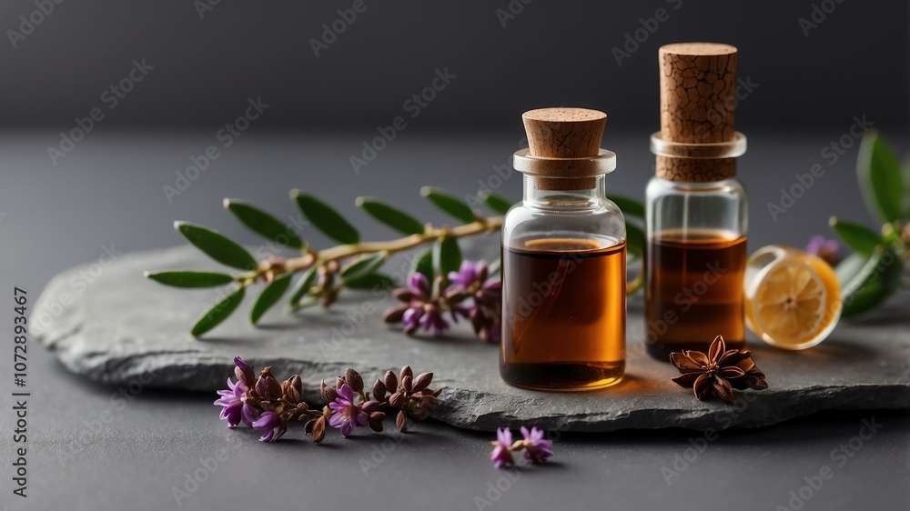 Aesthetic bottle of essential oil on a gray silk background. Frankincense on the side. Aesthetic bottle of essential oil on a gray silk background. Frankincense on the side.