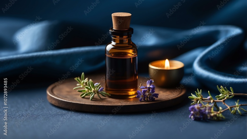 Aesthetic bottle of essential oil on a blue silk background. Frankincense on the side. Aesthetic bottle of essential oil on a blue silk background. Frankincense on the side.