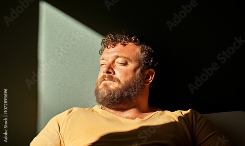 Contemplative Plus-Size Man Relaxing in Sunlit Home Environment