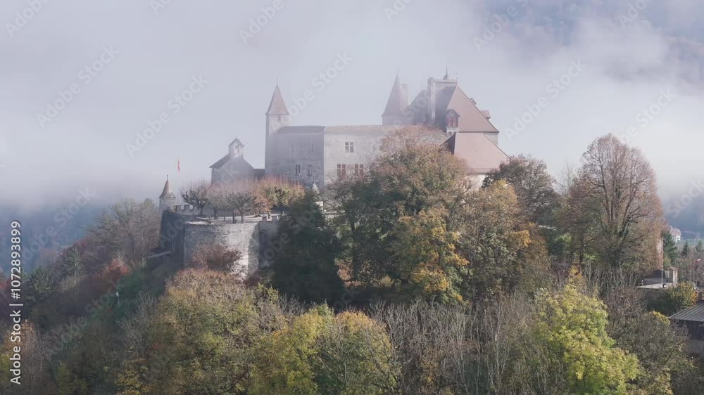 Aerial video over cloudy morning, medieval town of Gruyeres, Fribourg Aerial video over cloudy morning, medieval town of Gruyeres, Fribourg