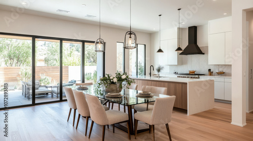 Modern kitchen and dining area featuring stylish table, elegant chairs, and spacious layout with natural light. design emphasizes simplicity and comfort, creating welcoming atmosphere