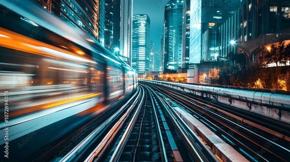 High-Speed Train in Modern Cityscape at Night High-Speed Train in Modern Cityscape at Night