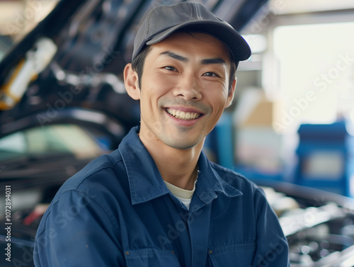 笑顔の自動車整備工の男性