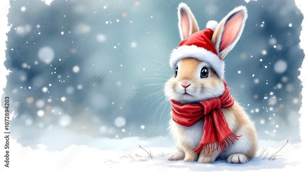 A bunny wearing a santa hat and a red scarf, getting ready for christmas, Watercolor painting A bunny wearing a santa hat and a red scarf, getting ready for christmas, Watercolor painting