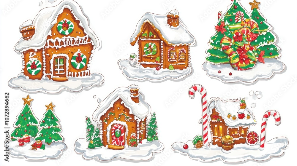 Design for sticker Gingerbread houses and candy canes illustration, Collection of Christmas on white background Design for sticker Gingerbread houses and candy canes illustration, Collection of Christmas on white background