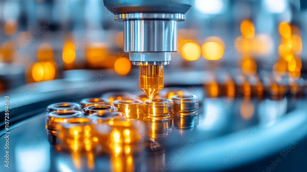 High tech machinery is precisely dispensing liquid onto circular components in modern manufacturing facility, showcasing advanced automation and efficiency High tech machinery is precisely dispensing liquid onto circular components in modern manufacturing facility, showcasing advanced automation and efficiency