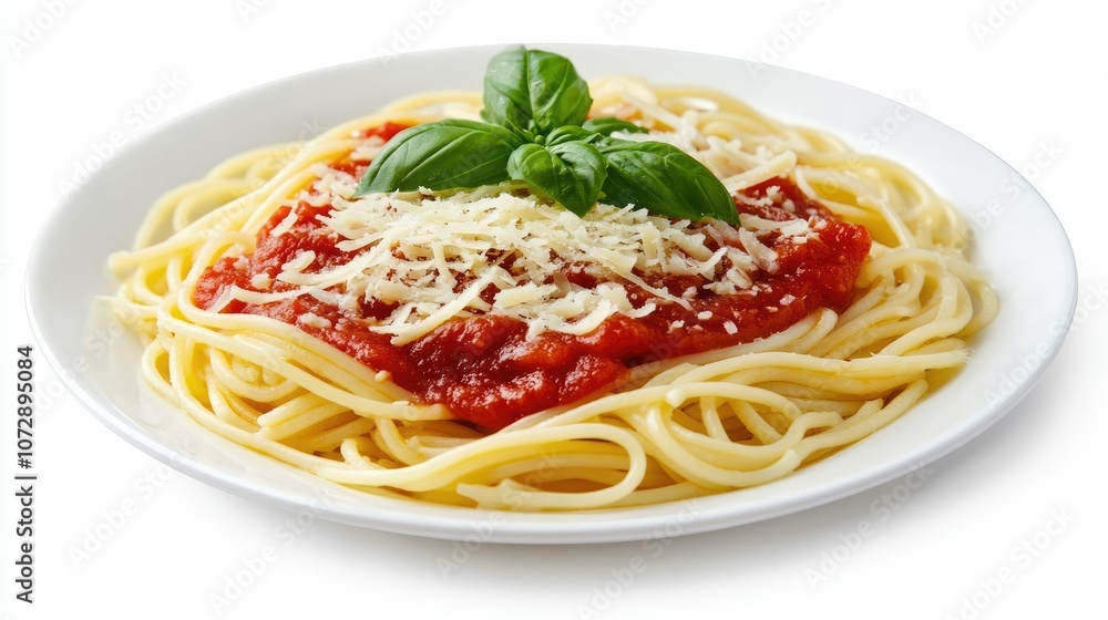 Delicious Spaghetti with Tomato Sauce and Basil Garnish Delicious Spaghetti with Tomato Sauce and Basil Garnish