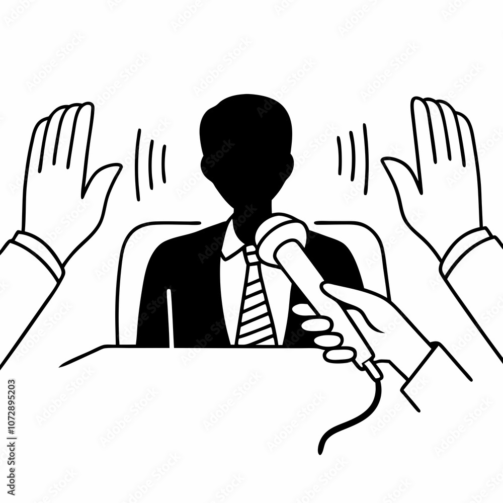 Silhouette of a person conducting an interview with a microphone on a plain background Silhouette of a person conducting an interview with a microphone on a plain background