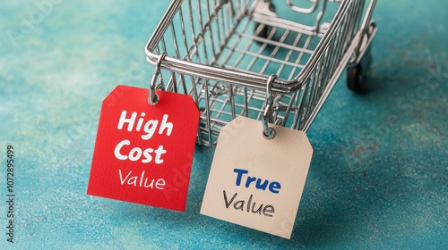A shopping cart displays tags labeled 