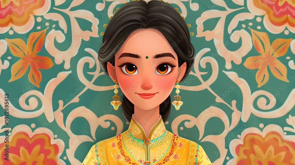 Cartoon illustration of a beautiful woman with dark hair and brown eyes wearing traditional Chinese clothing. Cartoon illustration of a beautiful woman with dark hair and brown eyes wearing traditional Chinese clothing.
