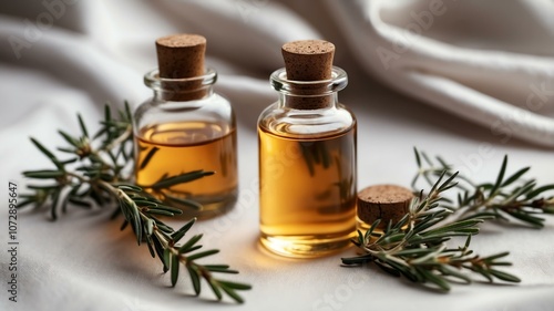 Aesthetic bottle of essential oil on a white silk background. Rosemary on the side.