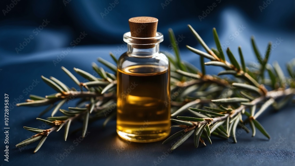 Aesthetic bottle of essential oil on a blue silk background. Rosemary on the side. Aesthetic bottle of essential oil on a blue silk background. Rosemary on the side.