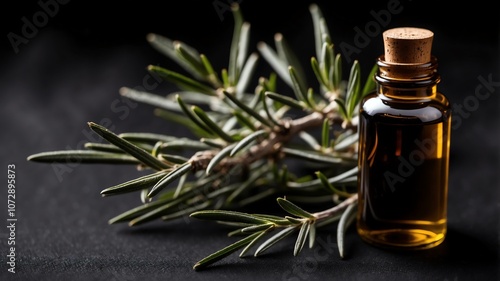 Aesthetic bottle of essential oil on a black silk background. Rosemary on the side.