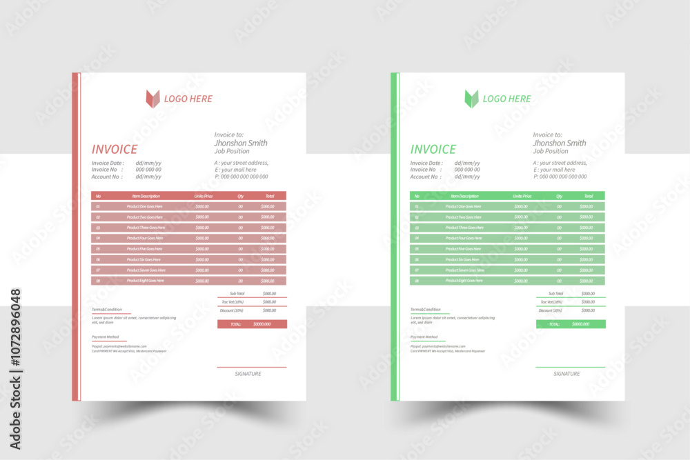 invoice template design with color and concept variation bundle.Modern business invoice bill template Premium Vector.Professional and modern invoice template. invoice template design with color and concept variation bundle.Modern business invoice bill template Premium Vector.Professional and modern invoice template.