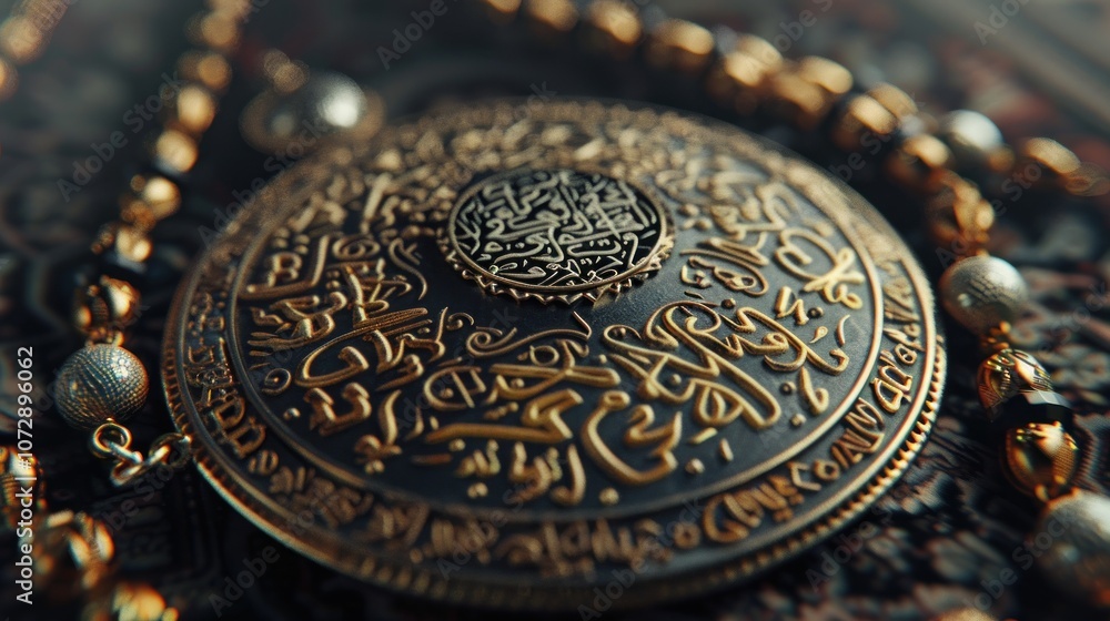 Close-up of a gold and black amulet with Arabic calligraphy. Close-up of a gold and black amulet with Arabic calligraphy.