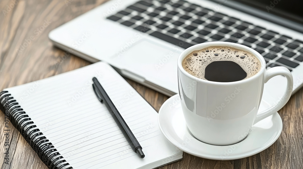 laptop, coffee cup, and notepad create cozy workspace atmosphere, perfect for productivity and creativity. Enjoy blend of technology and comfort laptop, coffee cup, and notepad create cozy workspace atmosphere, perfect for productivity and creativity. Enjoy blend of technology and comfort