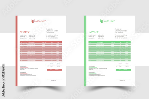 invoice template design with color and concept variation bundle.Modern business invoice bill template Premium Vector.Professional and modern invoice template.