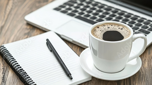 laptop, coffee cup, and notepad create cozy workspace atmosphere, perfect for productivity and creativity. Enjoy blend of technology and comfort