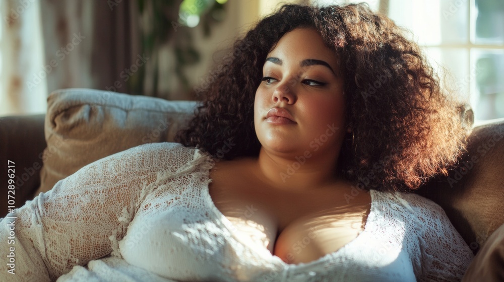 Thoughtful Plus-Size Woman Relaxing on Couch in Cozy Natural Light Setting Thoughtful Plus-Size Woman Relaxing on Couch in Cozy Natural Light Setting