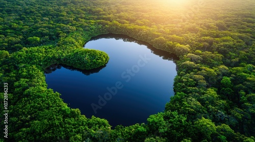 A serene lake reflecting the golden hues of the setting sun, surrounded by lush green vegetation, creating a picturesque and tranquil natural landscape.