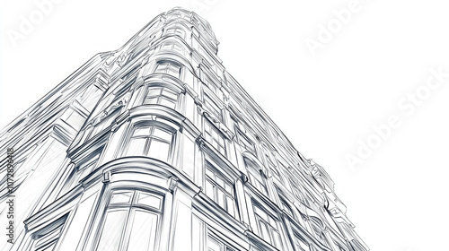 Elegant architectural lines of historic building captured from low angle, showcasing intricate details and unique perspective