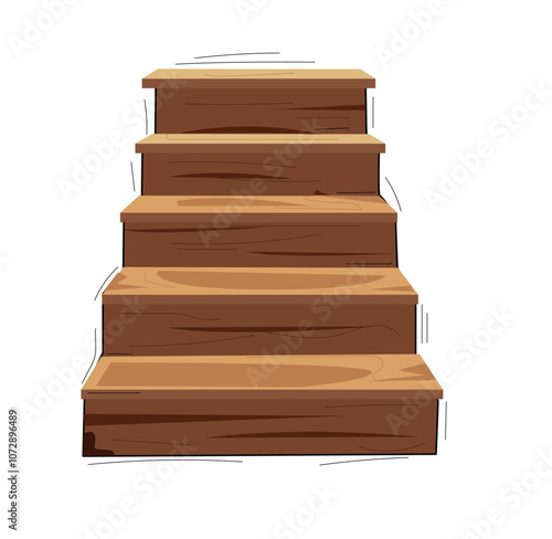 Wood old, cracked stairs . Medieval ancient ladder flights without railings, wood step treads and rock risers with cracked details. 