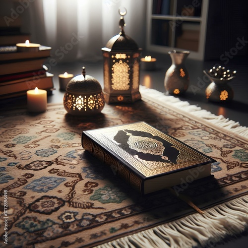 A prayer rug with the Quran placed upon it, showcasing the sacred practice of daily Muslim prayers. photo