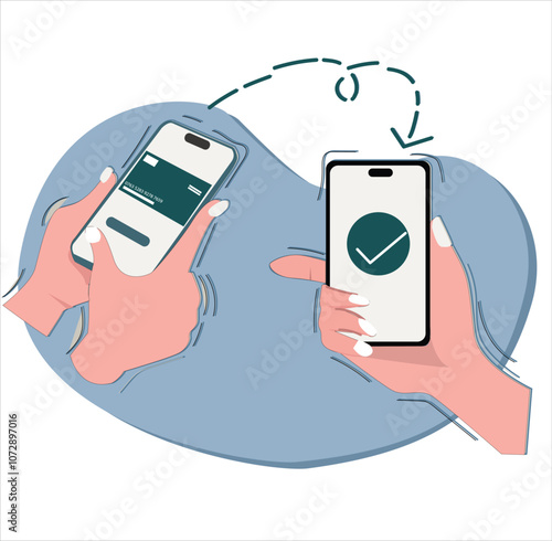 Online payment. Transferring money from a mobile device.  money transfer with human hands holding smartphone with credit card on its screen. Safe and easy payment concept. 